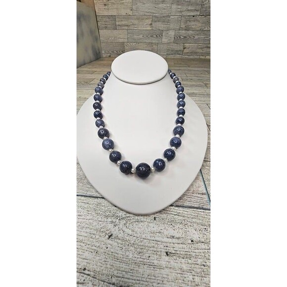Sodalite and Natural Pearl Graduated Beaded Necklace 925 Lobster Clasp - Picture 1 of 4
